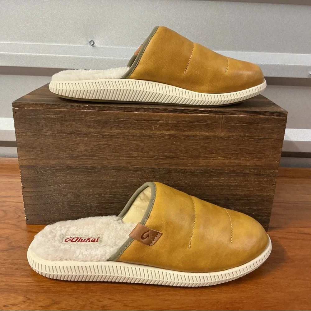 Olukai Men Mua’Ili Tan Leather Lined Mule Island Slippers Size 9